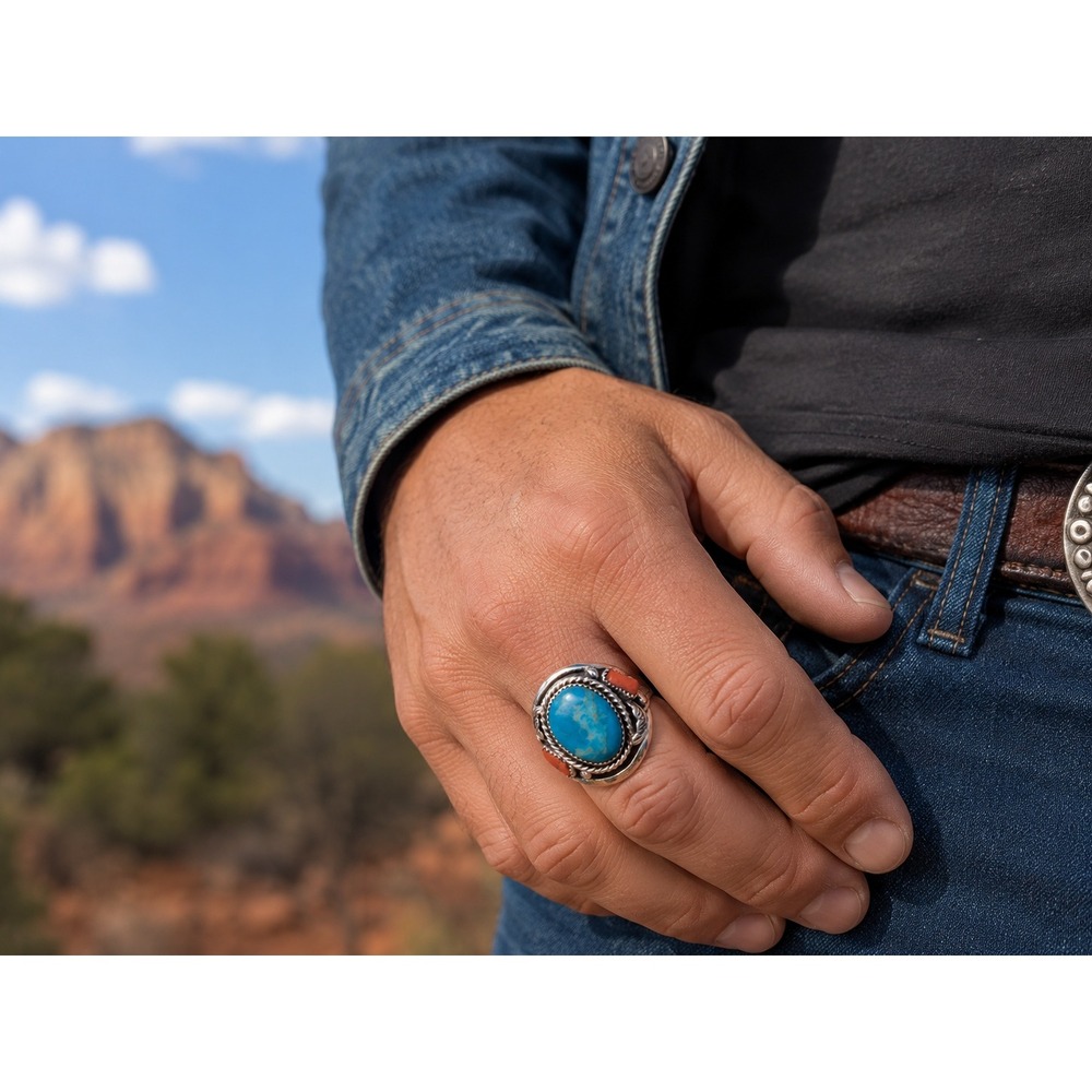 Navajo Men's Ring Sterling Turquoise Coral Signed Kree Blanchard Native Amer **